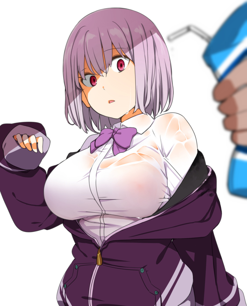 1girl blush bow bowtie breasts constricted_pupils drinking_straw highres jacket large_breasts lavender_hair manabebebe off_shoulder open_mouth purple_jacket red_eyes shinjou_akane shirt short_hair simple_background sleeves_past_wrists solo_focus ssss.gridman wet wet_clothes wet_shirt white_background zipper