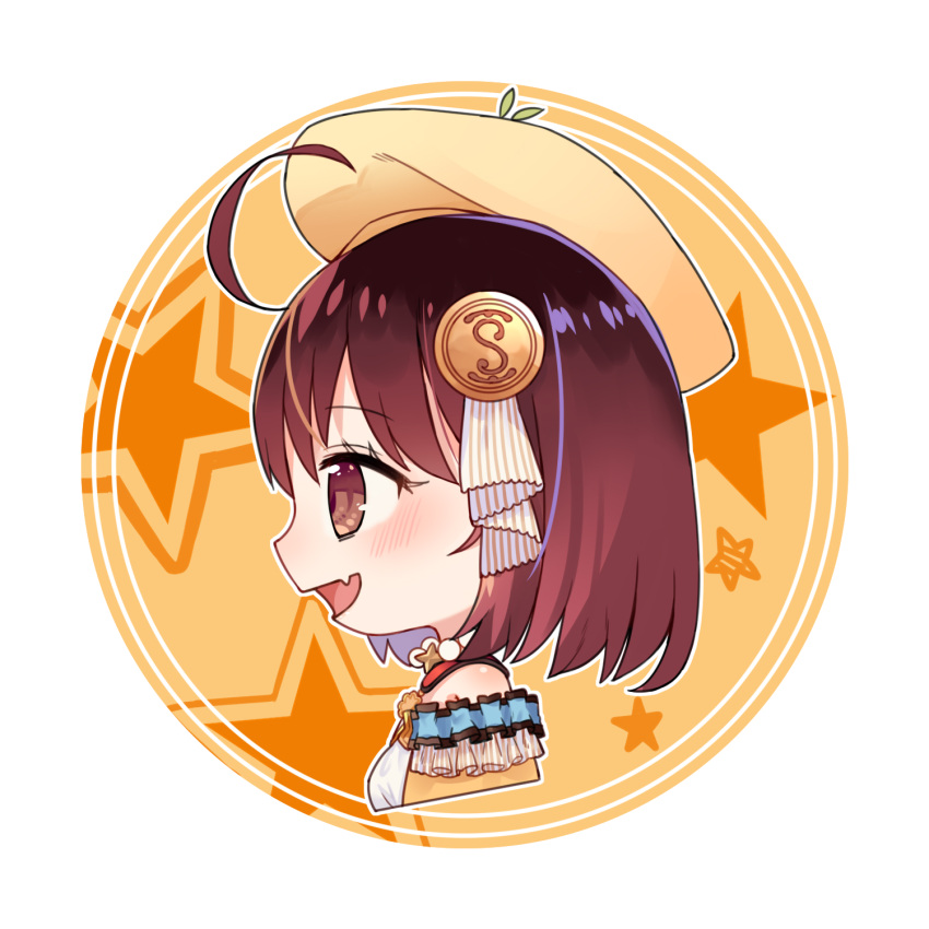 1girl :d ahoge atelier_(series) atelier_sophie bangs beret blush breasts brown_eyes brown_hair brown_hat commentary_request eyebrows_visible_through_hair fang frills hair_between_eyes hair_ornament hat highres looking_away open_mouth orange_background profile ryuuno6 shirt short_hair small_breasts smile solo sophie_neuenmuller star striped two-tone_background upper_body vertical_stripes white_background white_shirt