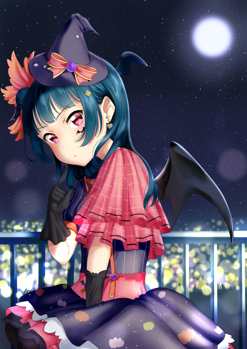 1girl absurdres black_gloves black_legwear black_wings blue_dress blue_hair blue_wings bow commentary_request dress earrings elbow_gloves full_moon gloves hair_bun halloween hat hat_bow head_tilt head_wings heart heart_earrings highres index_finger_raised jewelry long_hair looking_at_viewer looking_to_the_side love_live! love_live!_sunshine!! luna_(mi-chanman) mini_hat mini_witch_hat moon night night_sky pantyhose parted_lips pleated_dress puffy_short_sleeves puffy_sleeves purple_hat red_bow short_sleeves side_bun sitting sky solo star_(sky) starry_sky striped tilted_headwear tsushima_yoshiko vertical-striped_dress vertical_stripes violet_eyes wings witch_hat