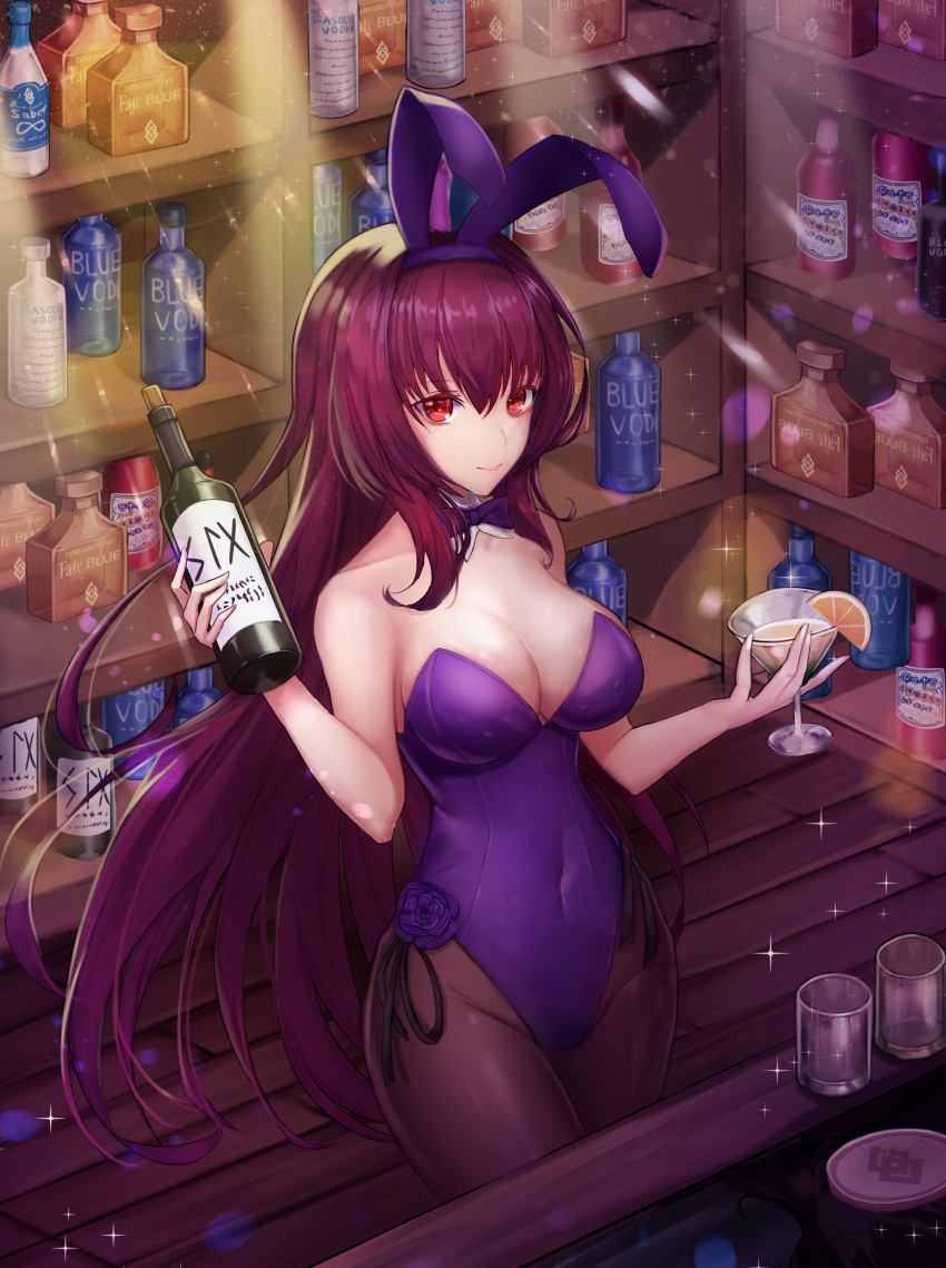 1girl absurdres alcohol alternate_costume animal_ears bare_shoulders bottle breasts bunny_girl bunnysuit covered_navel cup detached_collar drinking_glass fake_animal_ears fate/grand_order fate_(series) hair_intakes highres holding holding_bottle holding_cup large_breasts leotard long_hair pantyhose purple_hair purple_leotard rabbit_ears red_eyes scathach_(fate)_(all) scathach_(fate/grand_order) solo standing strapless strapless_leotard twit_eg0