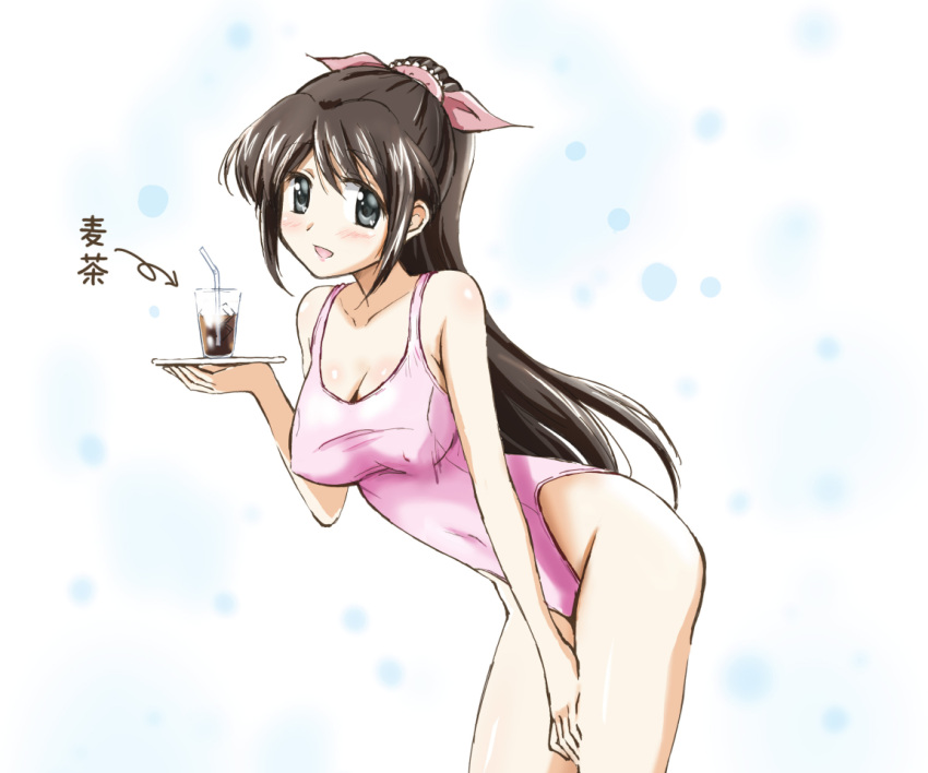 1girl :d alternate_costume black_eyes breasts brown_hair cleavage commentary_request hair_ribbon holding holding_tray kinfuji large_breasts long_hair looking_at_viewer one-piece_swimsuit open_mouth original pink_ribbon pink_swimsuit ponytail ribbon simple_background smile solo swimsuit touge_chayako tray