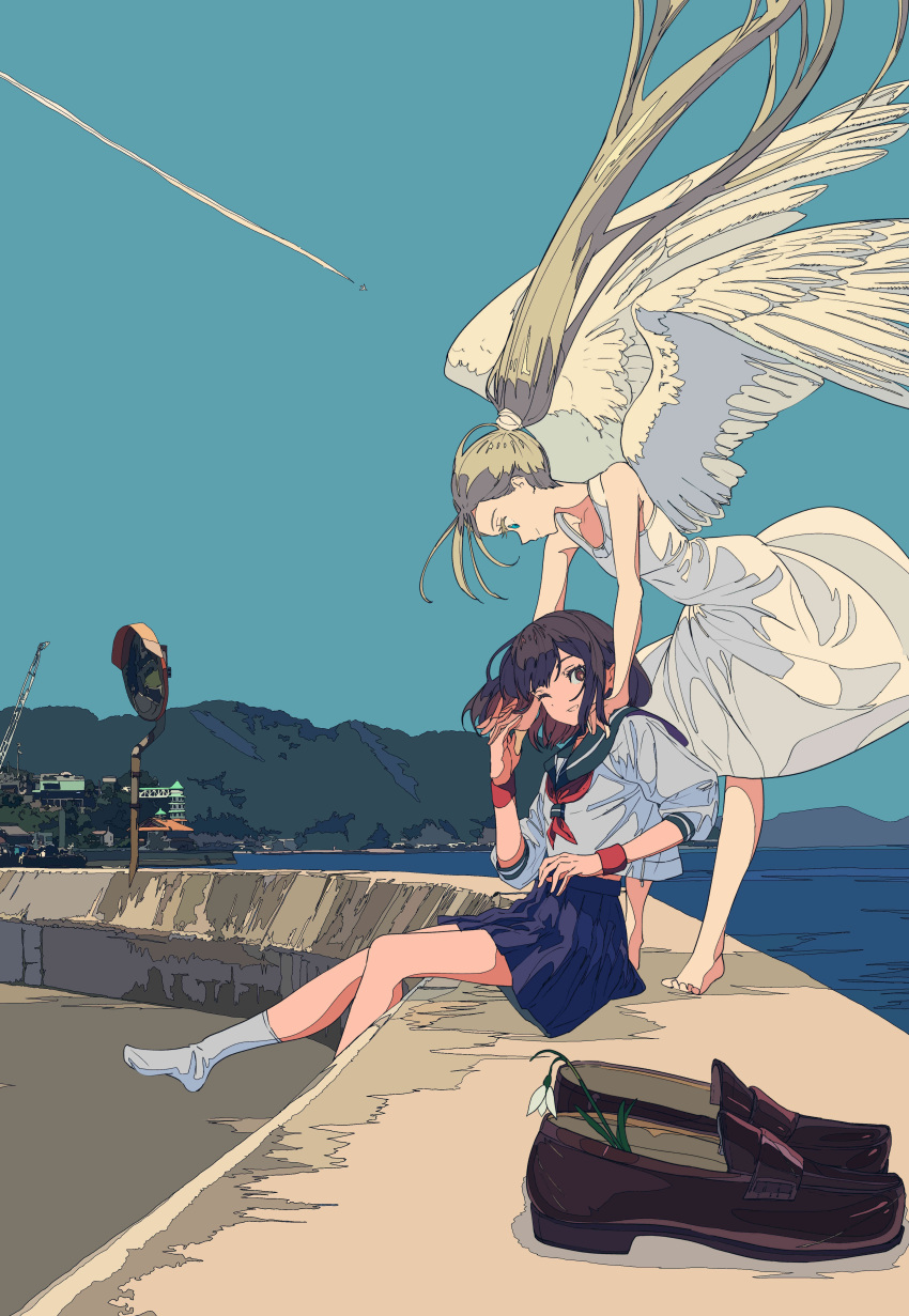 2girls absurdres angel angel_wings bare_arms bare_shoulders barefoot blue_eyes blue_skirt brown_eyes brown_footwear brown_hair building closed_mouth commentary dress english_commentary feathered_wings green_sailor_collar highres kogecha_(coge_ch) light_brown_hair loafers long_hair mirror mountain multiple_girls no_shoes ocean original pleated_skirt profile puffy_short_sleeves puffy_sleeves red_neckwear sailor_collar school_uniform serafuku shirt shoe_removed shoes short_sleeves sitting skirt sleeveless sleeveless_dress socks very_long_hair water white_dress white_legwear white_shirt white_wings wings wristband