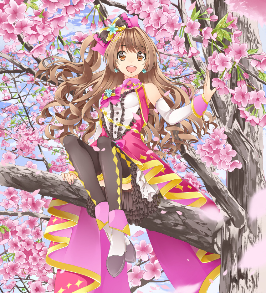 1girl :d black_legwear bow breasts brown_eyes brown_hair cape day detached_sleeves earrings eyebrows_visible_through_hair floating_hair flower from_below full_body hair_bow highres idolmaster idolmaster_cinderella_girls in_tree jewelry long_hair long_sleeves looking_at_viewer open_mouth outdoors pink_bow pink_cape pink_flower shimamura_uzuki side_ponytail sitting sitting_in_tree small_breasts smile solo stage_of_magic thigh-highs tree very_long_hair waist_cape white_sleeves yuutarou_(fukiiincho)