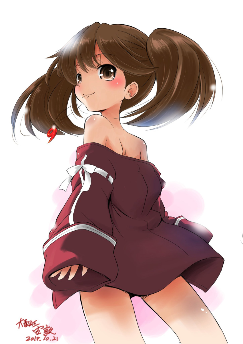1girl bare_legs bare_shoulders blush brown_eyes brown_hair from_below highres jewelry kantai_collection long_hair looking_back magatama mouth_hold necklace no_hat no_headwear off_shoulder ryuujou_(kantai_collection) sleeves_past_wrists smile solo taisinkoku twintails