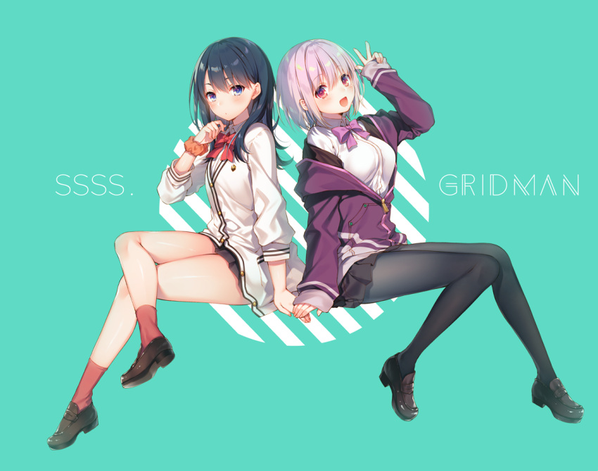 2girls bangs black_hair black_skirt bow cardigan collared_shirt jacket lavender_hair legs_crossed long_sleeves microskirt multiple_girls off_shoulder orange_scrunchie pantyhose pleated_skirt purple_bow purple_jacket school_uniform scrunchie shinjou_akane shirt short_hair sitting skirt ssss.gridman sweater takarada_rikka thighs toosaka_asagi white_cardigan white_shirt white_sweater wrist_scrunchie