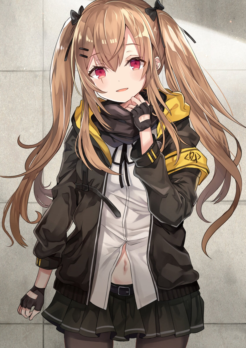 1girl belt black_bow black_gloves black_legwear black_skirt blush bow brown_hair eyebrows_visible_through_hair fingerless_gloves girls_frontline gloves hair_bow hair_ornament hairclip highres long_hair looking_at_viewer navel pantyhose parted_lips red_eyes retsuto scar scar_across_eye scarf shirt skirt smile solo twintails ump9_(girls_frontline) white_shirt