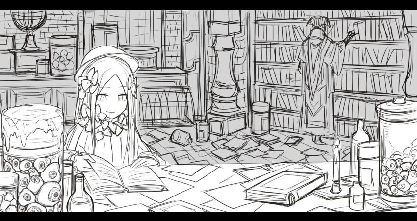 1boy 1girl abigail_williams_(fate/grand_order) bangs bloodborne book bookshelf bow brick_wall candle commentary_request crossover eyeballs fate/grand_order fate_(series) globe greyscale hair_bow hat hunter_(bloodborne) indoors jar kan_(aaaaari35) long_hair long_sleeves messy monochrome parted_bangs reading searching