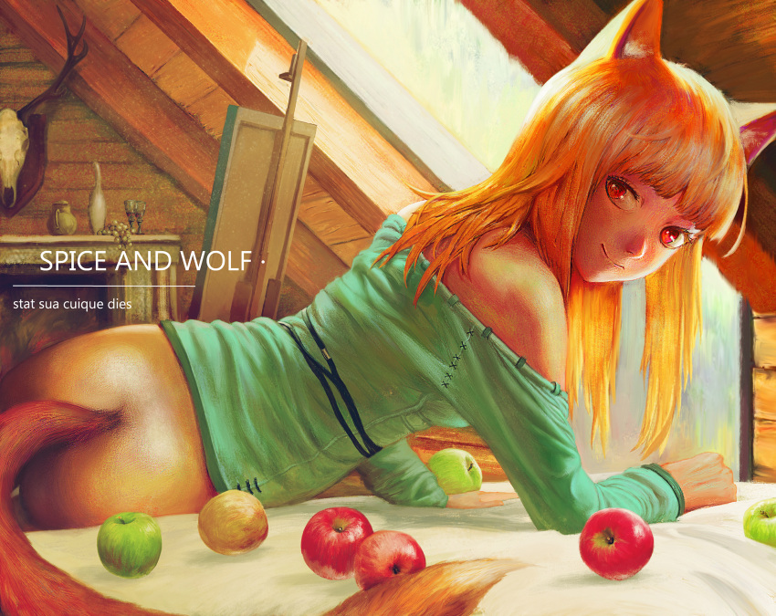 1girl animal_ears apple ass bangs bare_shoulders brown_hair easel fireplace food fruit grapes highres holo indoors long_hair looking_at_viewer on_bed red_eyes skull smile spice_and_wolf tail twisted_torso wolf_ears wolf_tail xpjt3275