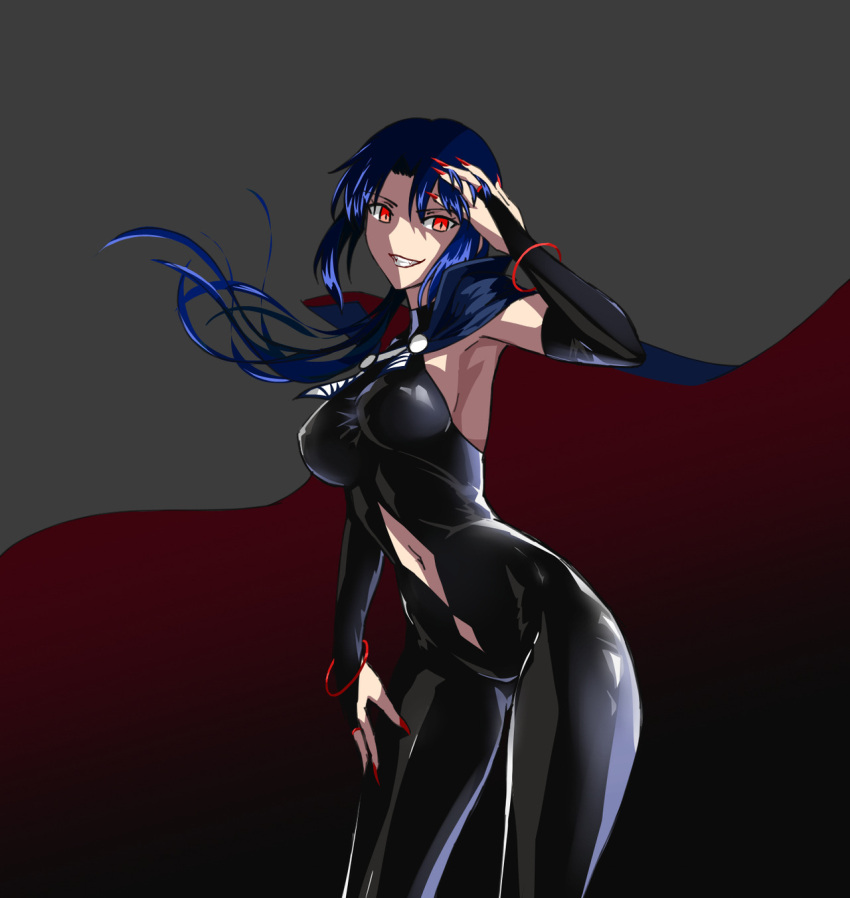 1girl axia-chan blue_hair breasts bridal_gauntlets cape ciel elesia grey_background hair_between_eyes hand_in_hair highres large_breasts nail_polish navel navel_cutout red_eyes red_nails sideboob skin_tight smile solo tsukihime