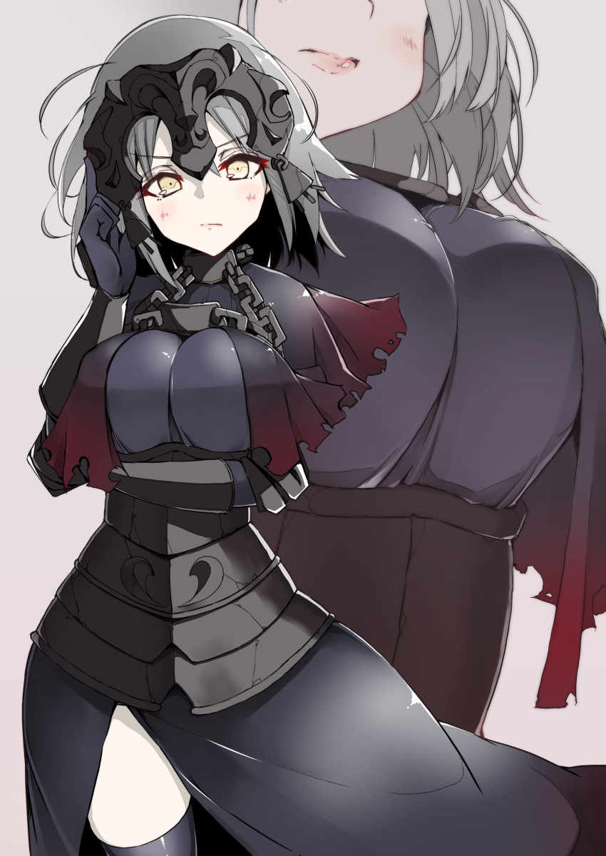 1girl absurdres armor armored_dress black_armor black_capelet black_dress black_gloves black_legwear breasts capelet chains dress erect_nipples eyebrows_visible_through_hair fate/grand_order fate_(series) gloves grey_hair headpiece highres jeanne_d'arc_(alter)_(fate) jeanne_d'arc_(fate)_(all) kobo_(cobo_0609) large_breasts looking_at_viewer short_hair solo thigh-highs torn_clothes vambraces white_skin yellow_eyes