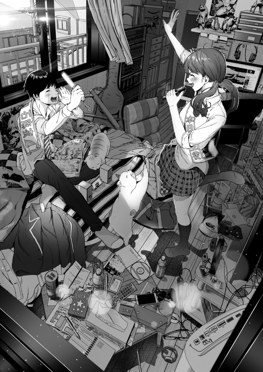 1boy 1girl bed cat greyscale highres jorori karaoke low_twintails messy_room monochrome original plaid plaid_skirt school_uniform skirt twintails