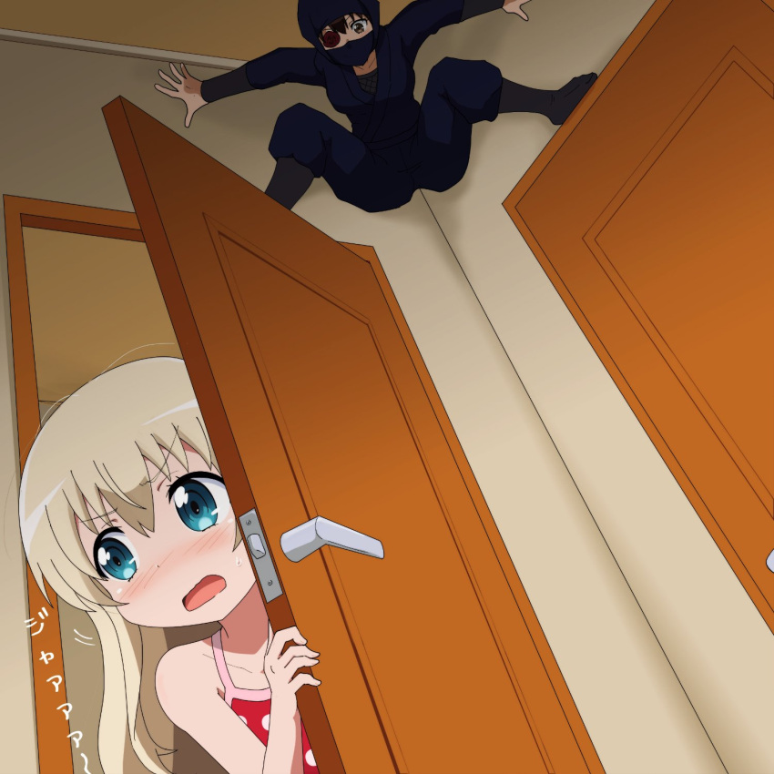 2girls blonde_hair blue_eyes blush brown_eyes brown_hair door eyebrows_visible_through_hair eyepatch gobanme_no_mayoi_neko highres kamoi_tsubame looking_at_another multiple_girls ninja scared takanashi_misha uchi_no_maid_ga_uzasugiru!