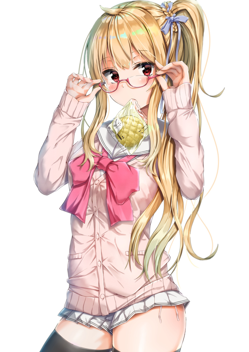 1girl adjusting_eyewear ahoge black_legwear blonde_hair blue_bow blush bow bread breasts cardigan commentary_request copyright_request food glasses hair_bow hair_ribbon hands_up head_tilt high_ponytail highres kuria_(clear_trip_second) long_hair long_sleeves looking_at_viewer medium_breasts melon_bread miniskirt mouth_hold panties pink_bow pink_cardigan pleated_skirt ponytail red-framed_eyewear red_eyes ribbon sailor_collar school_uniform semi-rimless_eyewear serafuku shirt side-tie_panties side_ponytail sidelocks simple_background skirt sleeves_past_wrists solo standing thigh-highs under-rim_eyewear underwear virtual_youtuber white_background white_panties white_sailor_collar white_shirt white_skirt