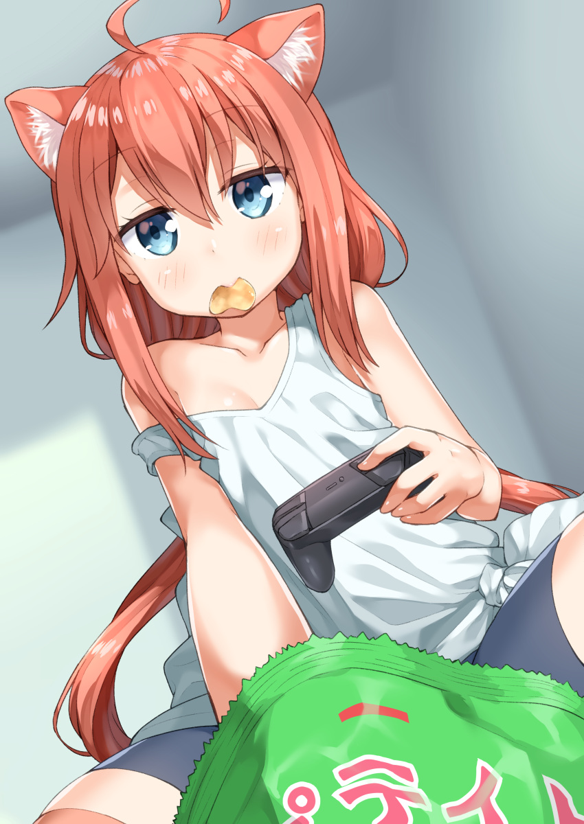 1girl absurdres ahoge animal_ears bike_shorts blue_eyes cat_ears chips collarbone commentary_request controller eyes_visible_through_hair food food_in_mouth game_controller hair_between_eyes highres hinata_channel long_hair looking_at_viewer low_twintails miyabi_(miyabeeya) mouth_hold nekomiya_hinata potato_chips redhead sitting solo strap_slip tank_top twintails very_long_hair virtual_youtuber white_tank_top