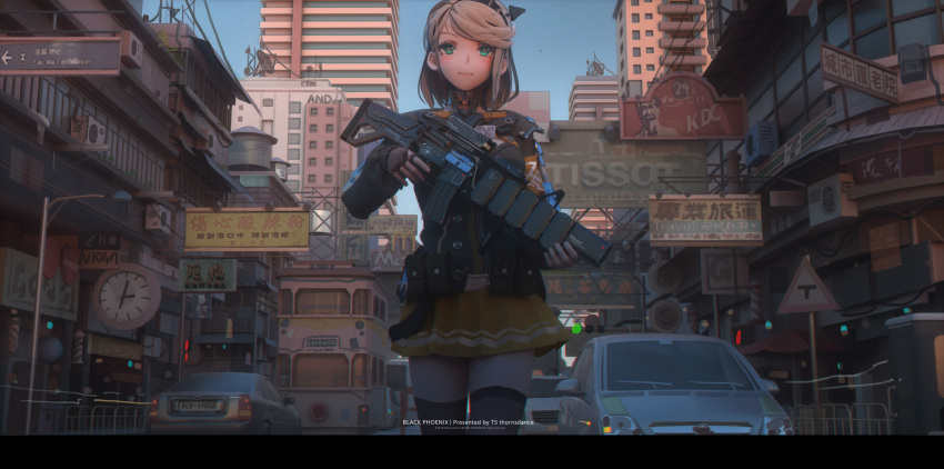 1girl :3 armband bangs black_jacket black_legwear blonde_hair blue_sky blush brand_name_imitation brown_gloves building bus car city clock closed_mouth commentary day english_commentary eyebrows_visible_through_hair fingerless_gloves gloves green_eyes ground_vehicle gun headgear highres holding holding_gun holding_weapon ibara_dance jacket kfc lamppost long_sleeves mcdonald's miniskirt motor_vehicle original outdoors pleated_skirt pouch red_pupils road_sign scenery short_hair sign skirt sky solo storefront sunlight swept_bangs thigh-highs traffic_light translation_request weapon yellow_skirt zettai_ryouiki zipper