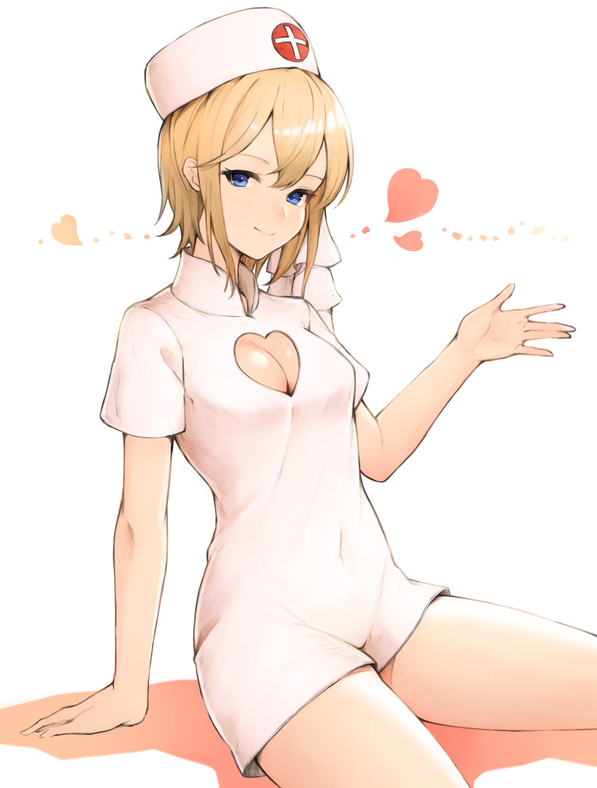 1girl absurdres arm_support bangs blonde_hair blue_eyes breasts cleavage cleavage_cutout closed_mouth commentary_request europa_(granblue_fantasy) granblue_fantasy hand_up hat heart_cutout highres koretsuki_azuma light_blush looking_at_viewer nurse nurse_cap shiny shiny_hair short_hair short_sleeves sidelocks simple_background sitting small_breasts smile solo thighs white_background