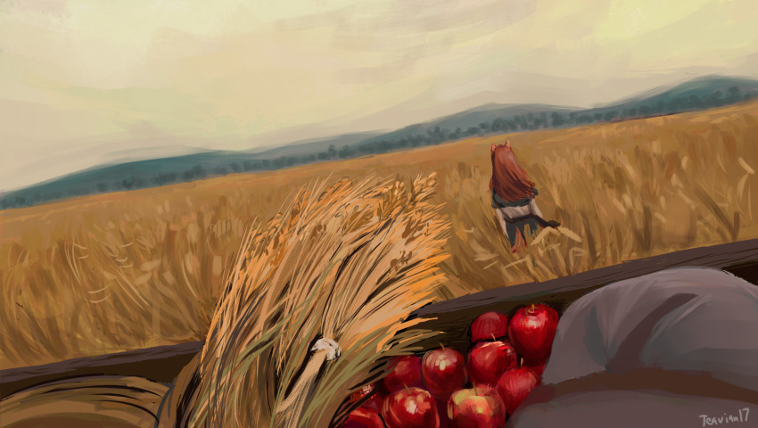 1girl animal_ears apple artist_name brown_hair day dutch_angle facing_away field food fruit highres holo outdoors scenery solo spice_and_wolf standing teavian17 wagon wheat_field