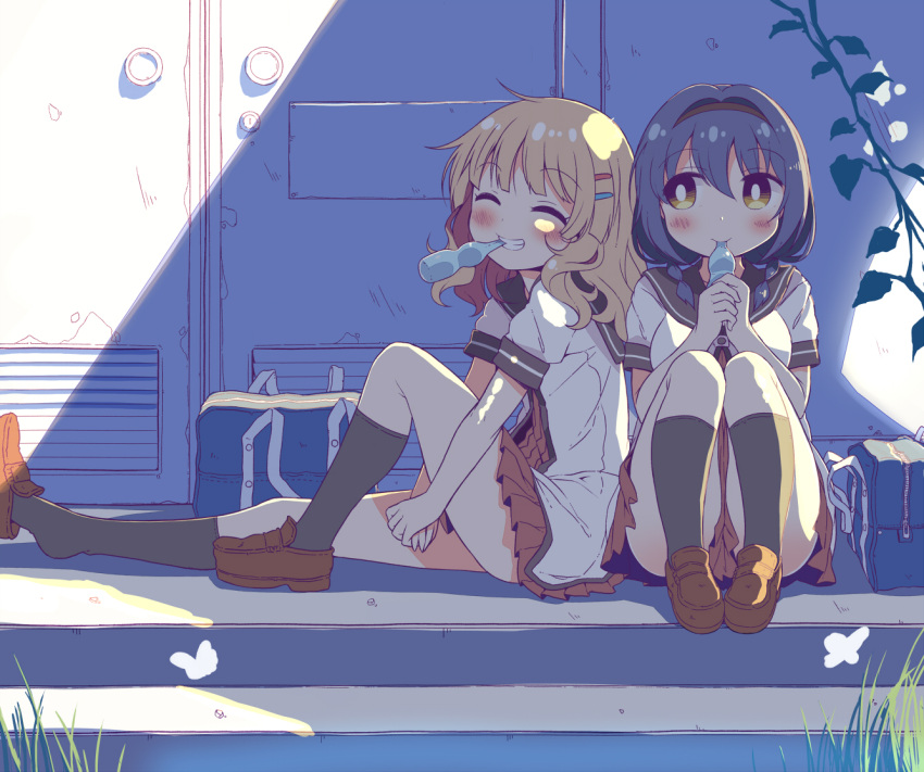 2girls bag black_legwear blonde_hair blush breasts brown_footwear closed_mouth collarbone day duffel_bag facing_viewer furutani_himawari grass grin hair_ornament hairband hairclip kneehighs loafers looking_at_another medium_breasts multiple_girls nanamori_school_uniform oomuro_sakurako outdoors parted_lips shoes sitting smile stairs takahero teenage yuru_yuri