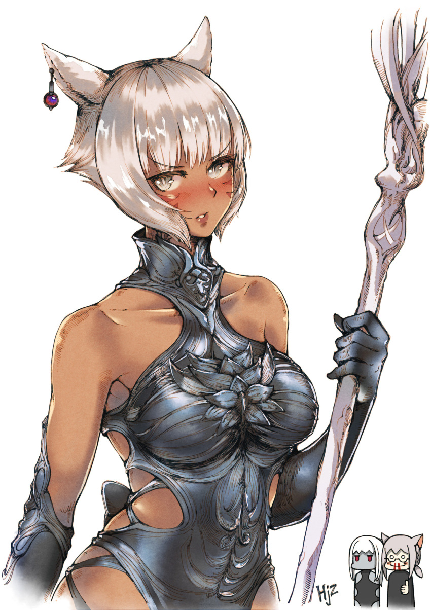 1boy 2girls absurdres animal_ears armor bangs blood blush breasts cat_ears collarbone commentary_request dark_skin earrings elbow_gloves eyebrows_visible_through_hair facial_mark final_fantasy final_fantasy_xiv gloves grey_eyes haimerejzero highres holding jewelry lips looking_at_viewer miqo'te multiple_girls nosebleed omega-f omega-f_(cosplay) open_mouth parted_lips shiny shiny_hair short_hair signature silver_hair simple_background solo staff upper_body white_background y'shtola y'shtola_rhul