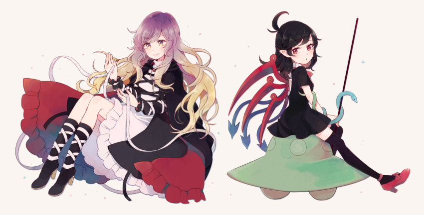 2girls ahoge asymmetrical_wings bangs beige_background black_cape black_dress black_footwear black_hair blonde_hair blue_wings boots bow bowtie breasts cape commentary_request cross-laced_clothes dress eyebrows_visible_through_hair frills full_body gradient_hair high_heel_boots high_heels hijiri_byakuren houjuu_nue leg_ribbon long_hair long_sleeves looking_at_viewer mozukuzu_(manukedori) multicolored multicolored_cape multicolored_clothes multicolored_hair multiple_girls parted_lips petticoat pointy_ears purple_hair red_bow red_cape red_eyes red_footwear red_neckwear red_wings ribbon short_dress short_sleeves simple_background sitting small_breasts smile snake swept_bangs touhou ufo white_ribbon wings yellow_eyes