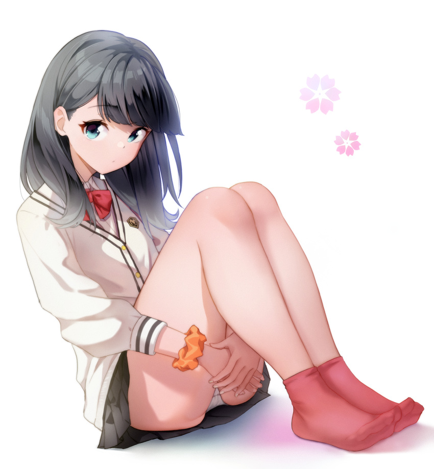 1girl bangs black_hair black_skirt blue_eyes cardigan cherry_blossoms closed_mouth highres knees_up legs_together looking_at_viewer miniskirt panties red_legwear school_uniform scrunchie simple_background sitting skirt socks solo songchuan_li ssss.gridman takarada_rikka thighs underwear white_background white_panties wrist_scrunchie