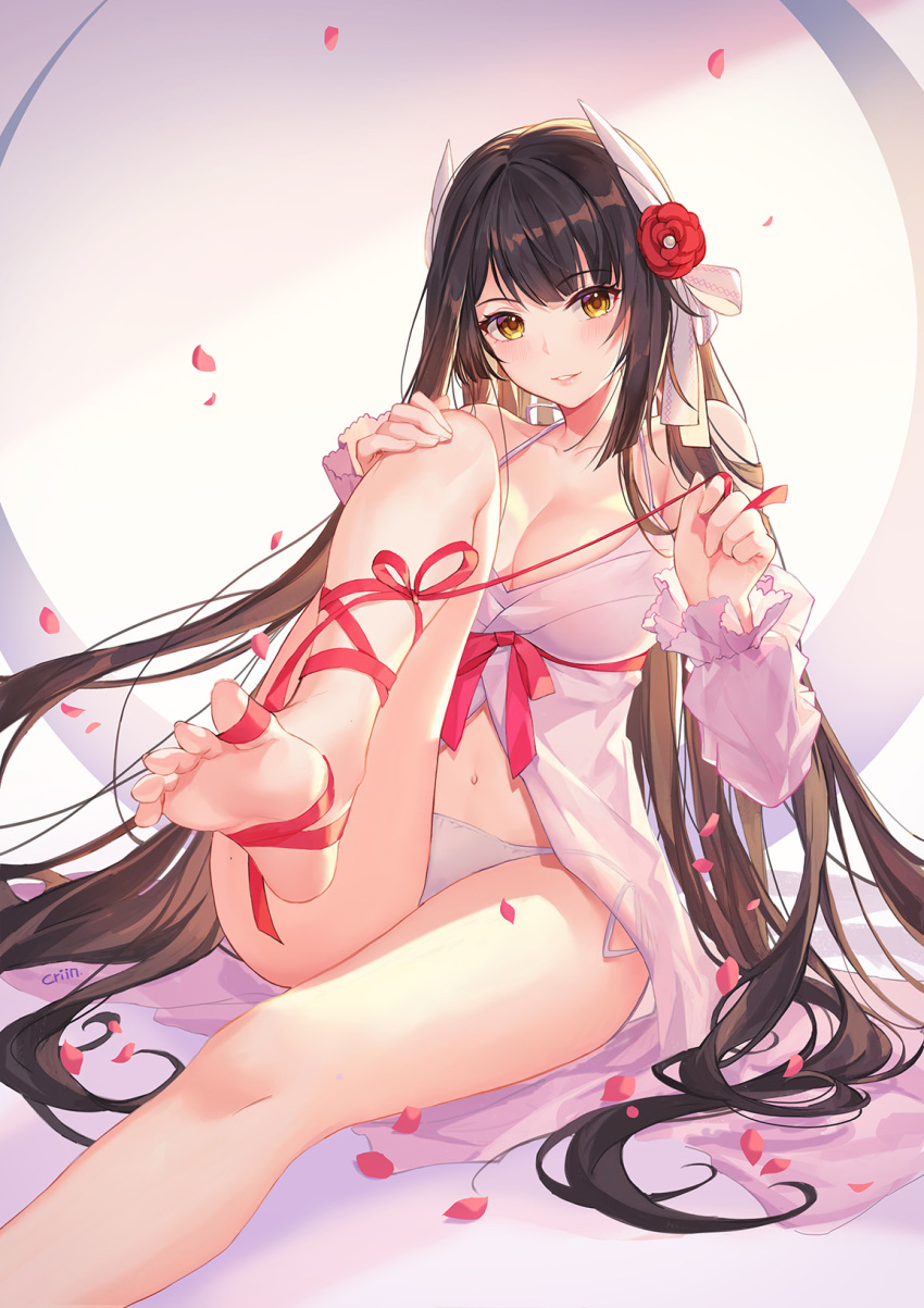 1girl artist_name azur_lane bare_legs bare_shoulders barefoot black_hair blush breasts cleavage collarbone commentary_request criin detached_sleeves eyebrows_visible_through_hair flower gloves hair_flower hair_ornament hair_over_shoulder hiei_(azur_lane) highres horns large_breasts leg_lift long_hair long_sleeves looking_at_viewer navel panties parted_lips pink_lips red_ribbon ribbon side-tie_panties sitting smile soles solo thighs toes underwear very_long_hair white_gloves white_panties wide_sleeves yellow_eyes
