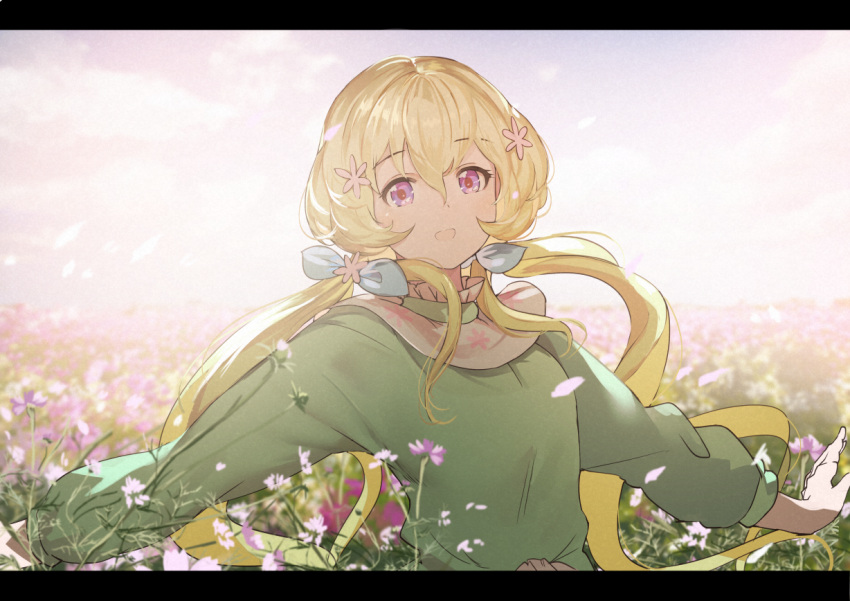 1girl :d aikatsu!_(series) aikatsu_stars! bangs blonde_hair bow clouds cloudy_sky eyebrows_visible_through_hair field flower flower_field flower_request futaba_aria hair_between_eyes hair_bow hair_flower hair_ornament koruse long_hair long_sleeves looking_at_viewer low_twintails open_mouth outdoors outstretched_arms petals sky smile solo twintails upper_body very_long_hair violet_eyes