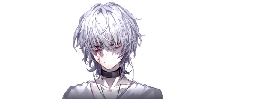 1boy accelerator blood choker closed_mouth highres looking_at_viewer male_focus portrait red_eyes solo to_aru_majutsu_no_index upper_body white_background white_hair yasato