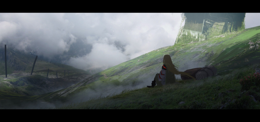 1girl absurdres asuteroid backpack bag blonde_hair clouds cloudy_sky commentary_request from_behind grass highres hill iris_(asuteroid) long_hair neon_trim original outdoors pillar ruins scenery sitting sky solo very_long_hair wide_shot