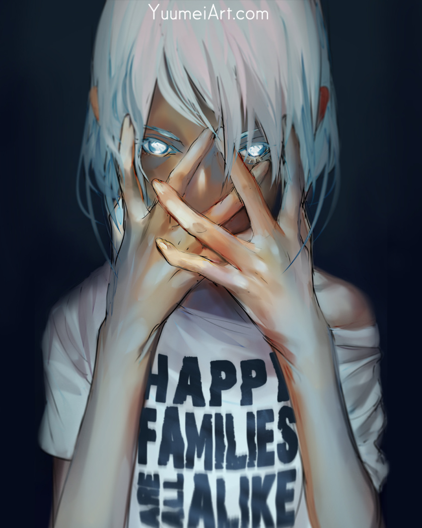 1girl blue_eyes clothes_writing commentary dark_background english english_commentary hands_on_own_face highres original shirt short_hair solo t-shirt upper_body watermark web_address wenqing_yan white_hair