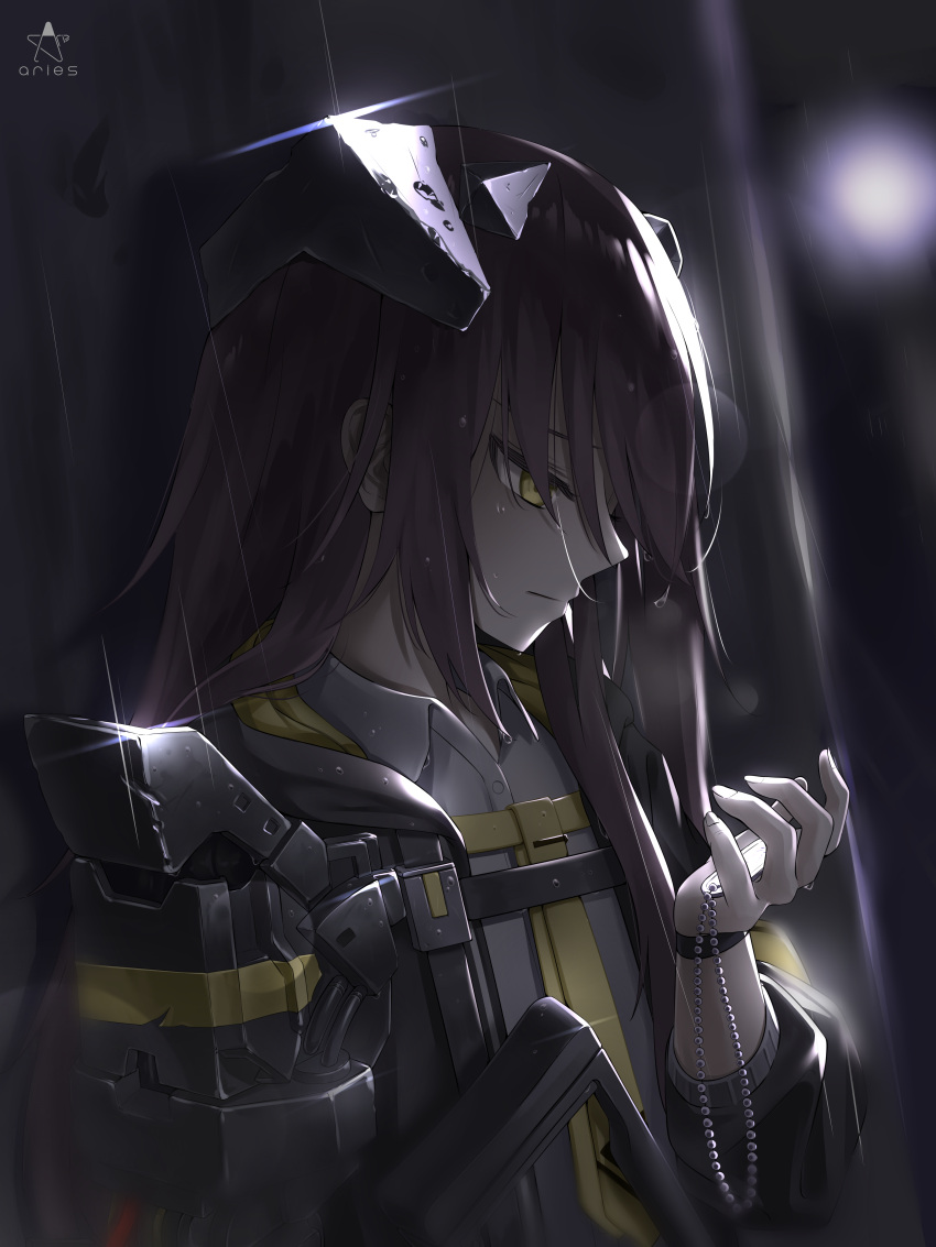 1girl absurdres artist_name backlighting black_coat blurry blurry_background brown_hair closed_mouth coat collared_shirt commentary dark_background dress_shirt dripping from_side girls_frontline glint grey_shirt hangr_aries headgear highres lens_flare long_hair long_sleeves looking_away looking_down open_clothes open_coat outdoors pale_skin pearl profile rain shirt shoulder_armor solo star ump45_(girls_frontline) water_drop wet wet_hair wing_collar wristband yellow_eyes