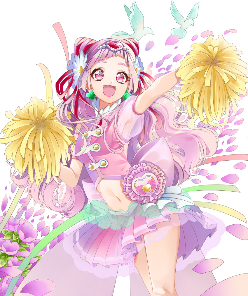 1girl :d armpits crop_top cure_yell daisy earrings floating_hair flower hair_flower hair_ornament hair_ribbon highres hugtto!_precure jewelry long_hair midriff miniskirt navel nono_hana open_mouth petals pink_eyes pink_hair pink_shirt pink_skirt pleated_skirt pom_poms precure red_ribbon ribbon see-through shirt simple_background skirt smile solo standing stomach very_long_hair white_background white_flower yuutarou_(fukiiincho)