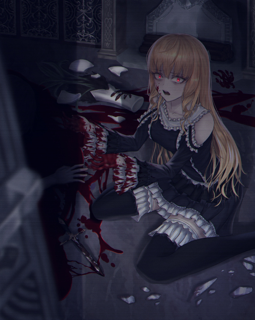 1girl bangs black_dress black_legwear blonde_hair blood blood_on_face blood_stain bloody_clothes breasts commentary dagger detached_sleeves dlwhdals901 dress english_commentary hair_between_eyes hands highres indoors long_hair looking_at_viewer medium_breasts open_mouth original red_eyes sitting solo_focus thigh-highs vase wariza weapon