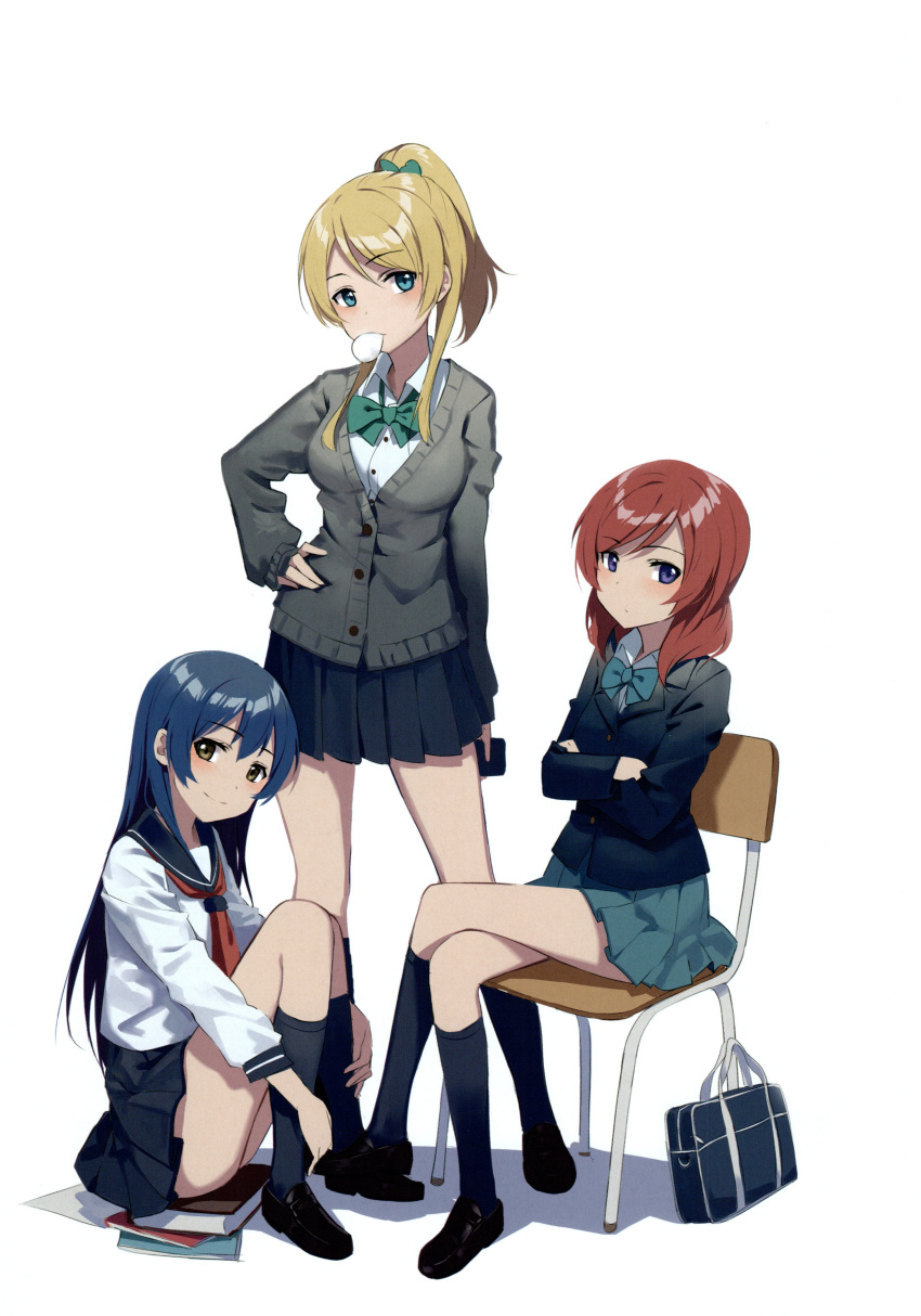 3girls absurdres ayase_eli bangs blonde_hair blue_eyes blue_hair blush book bubble_blowing chair closed_mouth dress eyebrows_visible_through_hair full_body hair_between_eyes hand_on_hip highres huanxiang_heitu leg_hug legs_crossed long_hair long_sleeves looking_at_viewer love_live! love_live!_school_idol_project multiple_girls nishikino_maki pleated_skirt redhead sailor_collar sailor_dress scan school_uniform simple_background sitting skirt smile sonoda_umi standing violet_eyes white_background yellow_eyes