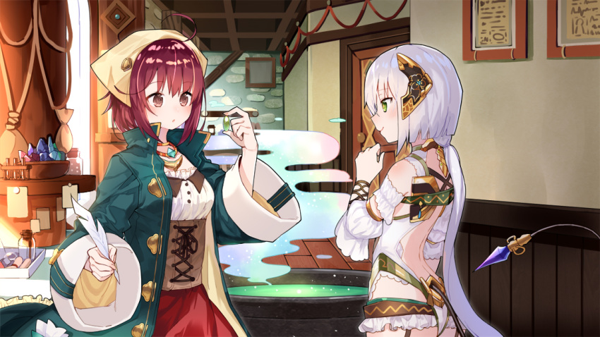 2girls :o ahoge atelier_(series) atelier_sophie bangs bare_shoulders blue_coat blush breasts brown_eyes brown_hair cauldron closed_mouth coat commentary_request corset crystal detached_sleeves door dress eye_contact eyebrows_visible_through_hair green_eyes hair_between_eyes hair_ornament hand_up head_scarf holding indoors long_sleeves looking_at_another multiple_girls open_clothes open_coat parted_lips picture_frame plachta puffy_short_sleeves puffy_sleeves quill red_skin ryuuno6 sack shirt short_hair short_sleeves silver_hair small_breasts smile smoke sophie_neuenmuller standing tail_raised white_dress white_shirt wide_sleeves wooden_floor