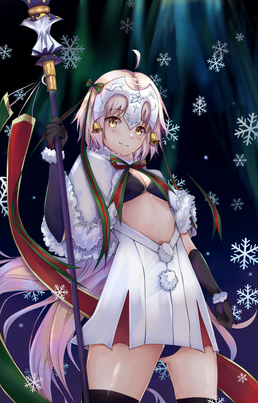 1girl absurdres bangs bell bikini_top black_bikini_top black_gloves black_legwear blue_panties blush bow breasts brown_eyes capelet cleavage closed_mouth commentary_request cowboy_shot dress elbow_gloves eyebrows_visible_through_hair fate/grand_order fate_(series) fur-trimmed_capelet fur_trim gloves green_bow green_ribbon hair_bow hand_up head_tilt headpiece highres holding holding_spear holding_weapon jeanne_d'arc_(fate)_(all) jeanne_d'arc_alter_santa_lily jin_moru light_brown_hair long_hair panties pleated_dress polearm ribbon small_breasts smile snowflakes solo spear standing striped striped_bow striped_ribbon thigh-highs underwear very_long_hair weapon white_capelet white_dress