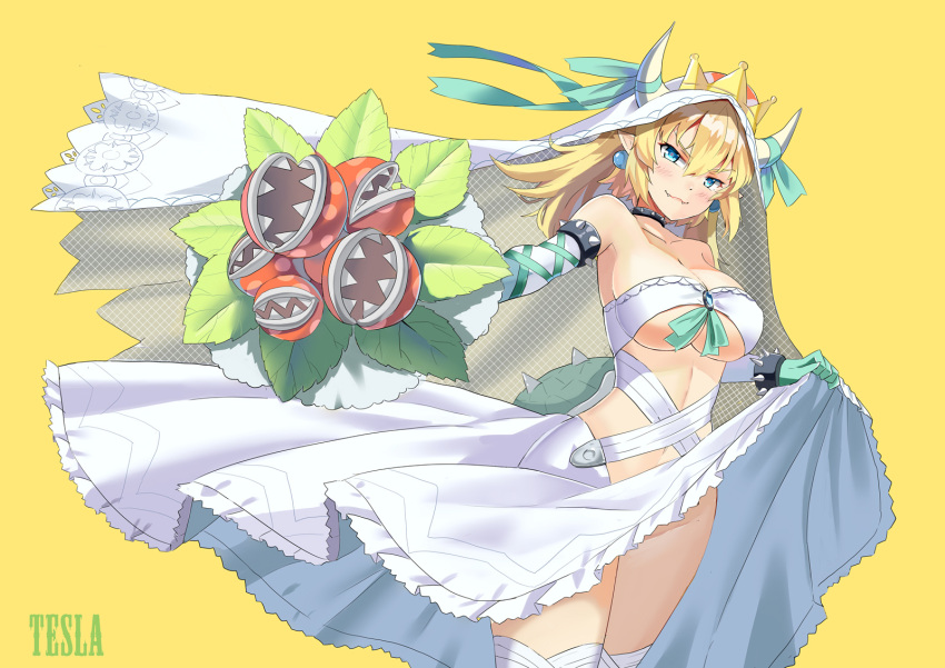 1girl alternate_costume arm_ribbon artist_name bare_shoulders blonde_hair blue_earrings blue_eyes blush bouquet bowsette breasts bridal_legwear bridal_veil brooch cleavage collarbone cowboy_shot dress elbow_gloves fangs_out flower from_side gloves green_gloves green_ribbon hair_between_eyes head_tilt highres hips horn_ribbon horns jewelry large_breasts letterboxed looking_at_viewer super_mario_bros. navel new_super_mario_bros._u_deluxe nintendo no_panties outline pink_lips pink_pupils piranha_plant pointy_ears ponytail qihai_lunpo revealing_clothes ribbon sapphire_(stone) shiny shiny_hair short_hair sidelocks simple_background skirt skirt_lift slit_pupils solo spiked_shell strap super_crown thigh-highs thighs toned under_boob veil waist wedding_dress white_dress white_gloves white_legwear wind yellow_background