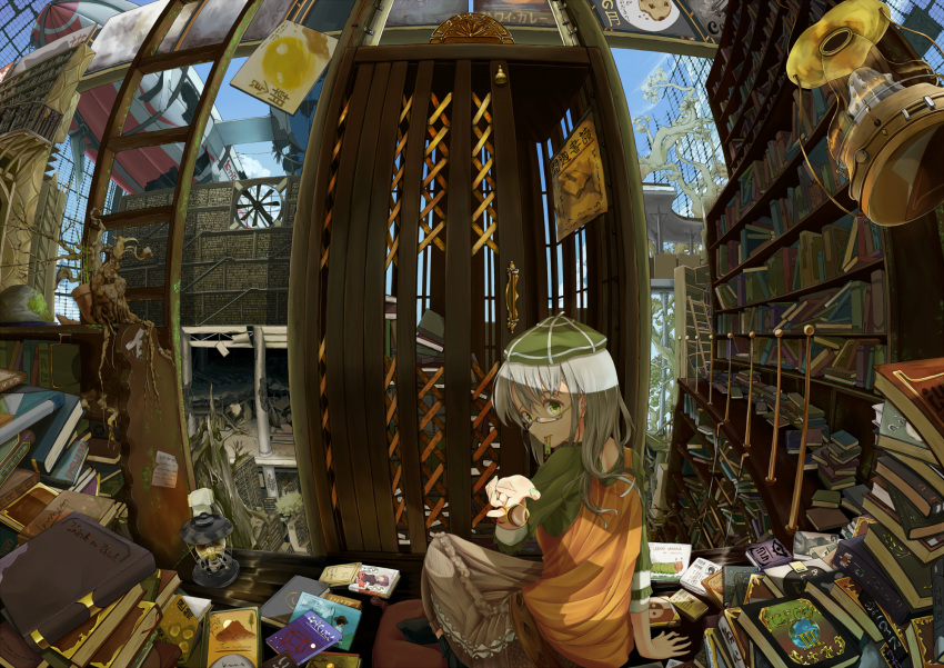 1girl aircraft blimp blue_sky book_stack bookshelf day dirigible elevator fan glasses green_hat green_nails grey_hair handle hat highres ilis indoors lantern library medium_hair nail_polish original plant potted_plant scenery sitting sky solo