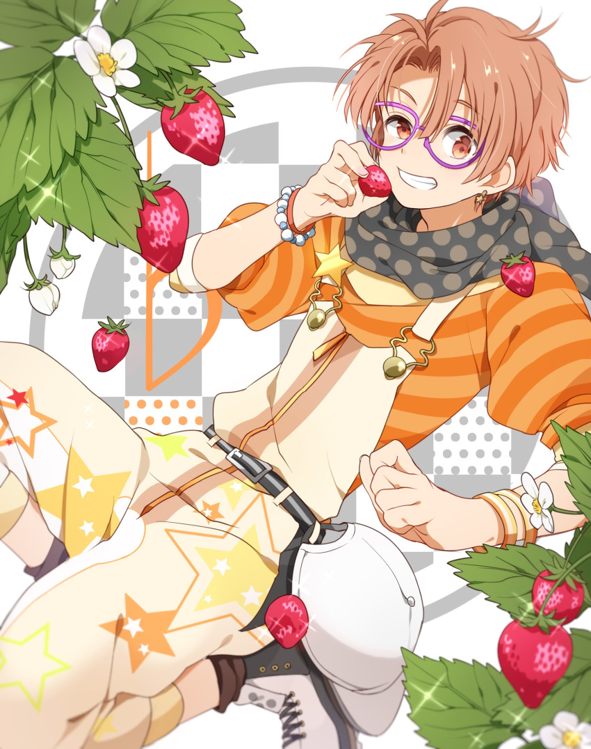 1boy bead_bracelet beads belt bracelet brown_eyes brown_hair earrings flower food fruit hat hat_removed headwear_removed highres idolish_7 izumi_mitsuki jewelry looking_at_viewer male_focus parted_lips ponto1588 purple-framed_eyewear scarf shoes smile sneakers solo star star_print strawberry white_hat