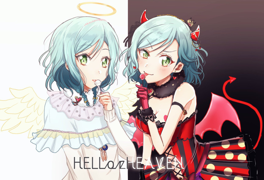 2girls :p angel_and_devil angel_wings bang_dream! black_background blue_hair breasts candy capelet cleavage commentary cross-laced_clothes crown demon_horns demon_tail demon_wings dress dual_persona earrings english english_commentary food frilled_capelet frills fur-trimmed_gloves fur_collar fur_trim gloves green_eyes hairband halo heart heart_earrings highres hikawa_hina horns jewelry licking lollipop long_sleeves looking_at_viewer medium_breasts mini_crown multiple_girls navel_cutout pink_gloves polka_dot_skirt raikou104 short_hair side_braids striped tail tongue tongue_out two-tone_background v-shaped_eyebrows vertical-striped_dress vertical_stripes white_background white_dress wings