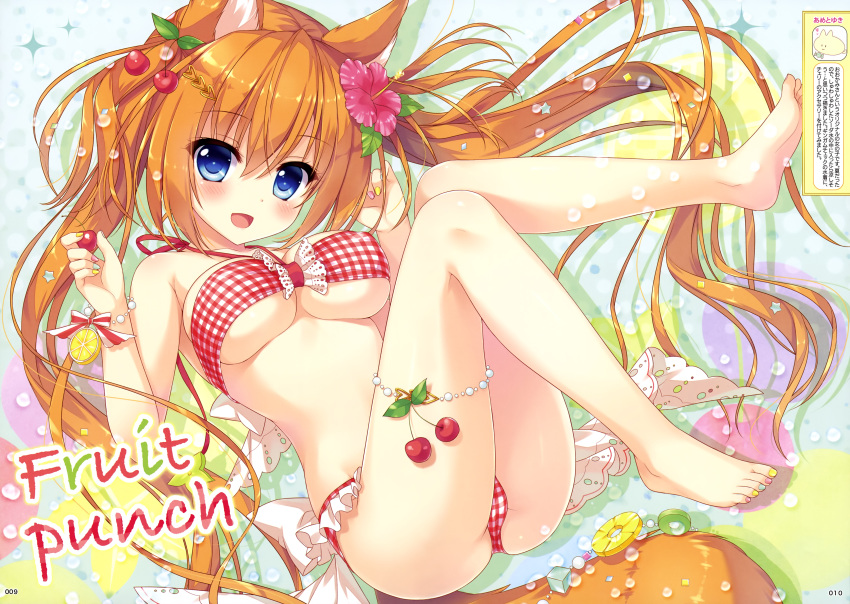 1girl absurdres ameto_yuki animal_ears bandeau bangs barefoot bikini blue_eyes blush breasts cat_ears cat_tail cherry fingernails flower food fruit full_body hair_flower hair_ornament hibiscus highres holding large_breasts legs long_hair looking_at_viewer nail_polish ookami-san_(ameto_yuki) open_mouth orange_hair original page_number plaid plaid_bikini simple_background smile solo swimsuit tail thigh_strap toenail_polish toes twintails