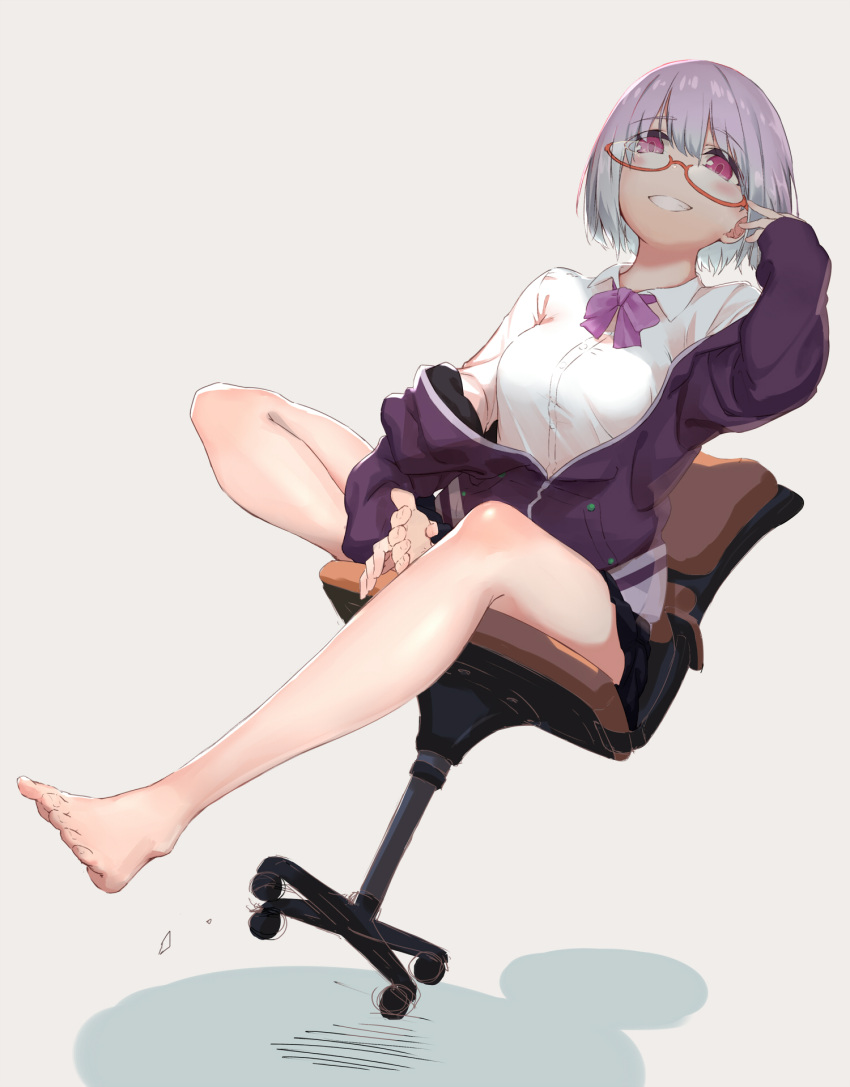 1girl bare_legs barefoot black_skirt bow breasts chair collared_shirt dress_shirt full_body glasses grin highres jacket large_breasts lavender_hair long_sleeves looking_at_viewer miniskirt off_shoulder office_chair orange-framed_eyewear pleated_skirt purple_bow purple_jacket school_uniform semi-rimless_eyewear shinjou_akane shirt short_hair skirt smile smirk solo ssss.gridman tobihira under-rim_eyewear violet_eyes white_shirt