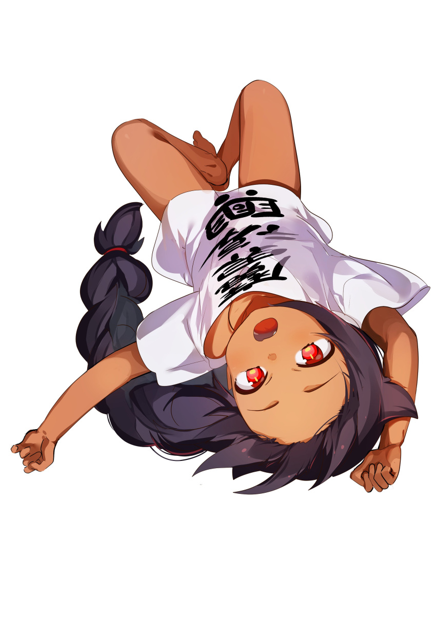 1girl absurdres black_hair braid dark_skin fang highres jahy jahy_sama_wa_kujikenai konbu_wakame long_hair looking_up lying naked_shirt on_back oversized_clothes red_eyes shirt short_sleeves simple_background single_braid t-shirt white_background white_shirt