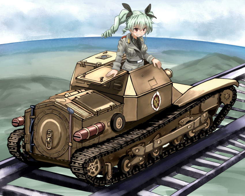 1girl anchovy anzio_(emblem) anzio_military_uniform breasts carro_veloce_cv-33 caterpillar_tracks clouds day drill_hair emblem girls_und_panzer green_hair ground_vehicle long_hair military military_vehicle motor_vehicle railroad_tracks red_eyes sky smile takahashi_rodemu tank twin_drills