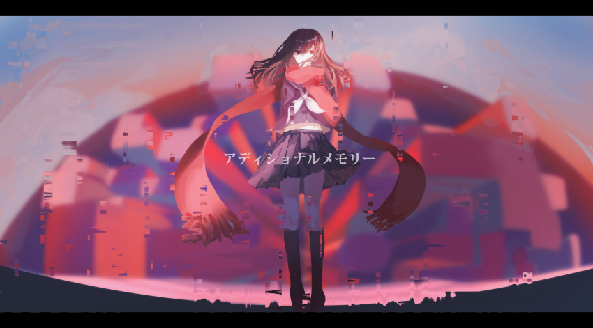 1girl absurdres additional_memory_(vocaloid) black_hair black_legwear black_serafuku hair_ornament hairclip highres kagerou_project karasuu_utau letterboxed long_hair long_sleeves neckerchief red_eyes red_scarf scarf school_uniform serafuku solo song_name tateyama_ayano