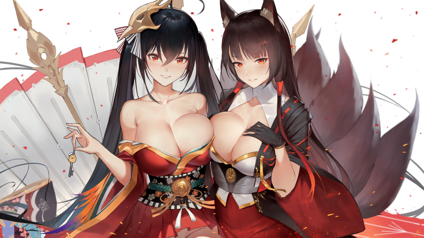 2girls absurdres ahoge akagi_(azur_lane) animal_ears azur_lane bangs bare_shoulders black_gloves black_hair black_kimono blunt_bangs breast_press breasts choker cleavage cleavage_cutout cocktail_dress collarbone commentary_request cowboy_shot crossed_bangs cup dress drinking_glass duan_henglong eyebrows_visible_through_hair eyeliner eyeshadow fox_ears fox_girl fox_mask fox_tail gloves hair_between_eyes hand_on_own_chest highres huge_breasts japanese_clothes kimono long_hair long_sleeves looking_at_viewer makeup mask mask_on_head multiple_girls multiple_tails obi parted_lips pink_lips red_choker red_eyes red_kimono sash symmetrical_docking taihou_(azur_lane) tail tied_hair very_long_hair wide_sleeves