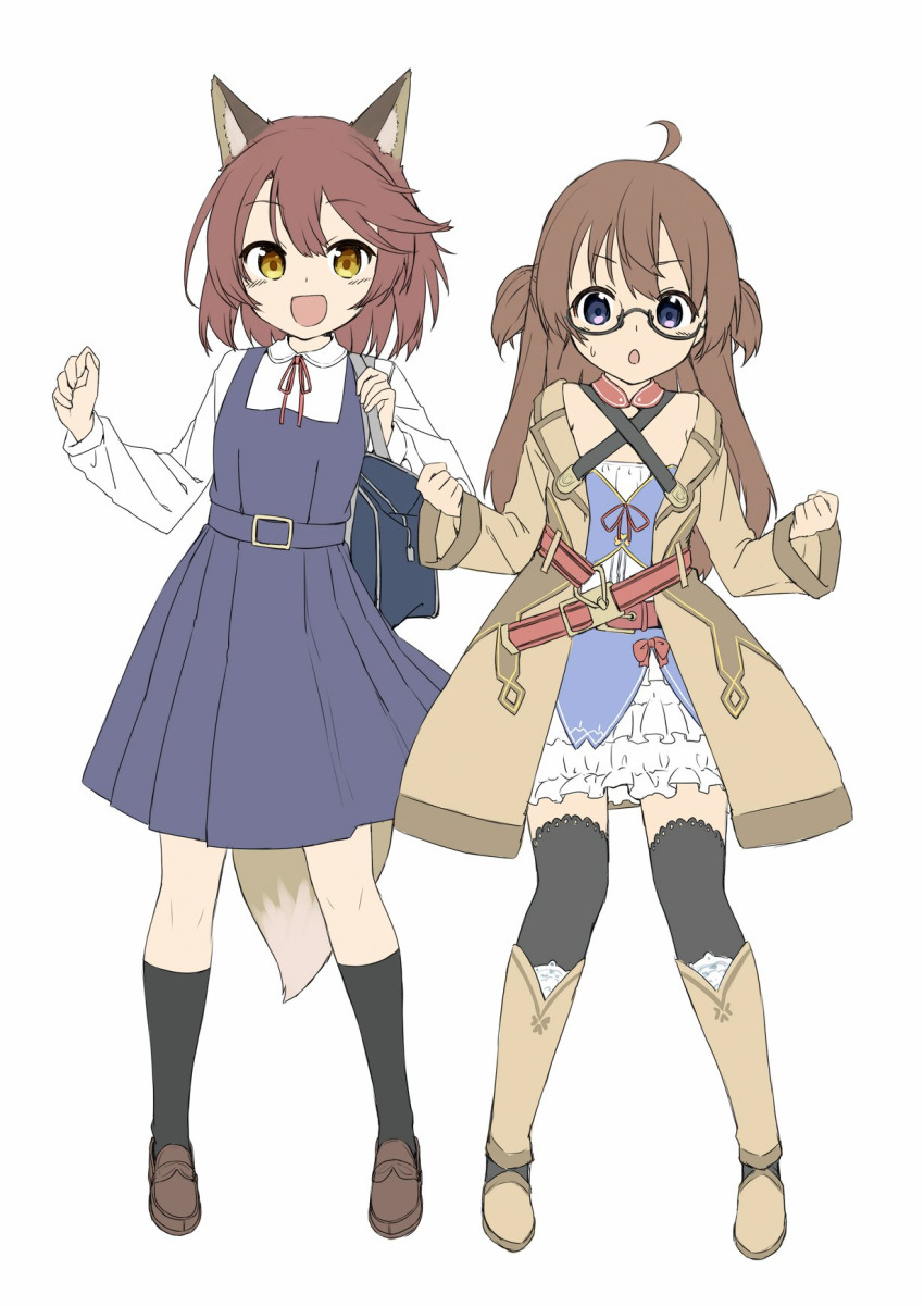 2girls :d ahoge amane_rosylily amane_rosylily_(cosplay) amemiya_sekira amemiya_sekira_(cosplay) animal_ear_fluff animal_ears bag bangs black-framed_eyewear black_legwear blue_dress blush boots brown_coat brown_eyes brown_footwear brown_hair coat collared_shirt commentary_request cosplay costume_switch dress eyebrows_visible_through_hair fox_ears fox_girl fox_tail full_body glasses hair_between_eyes hands_up highres knee_boots kneehighs loafers long_hair long_sleeves looking_at_viewer multiple_girls neck_ribbon open_clothes open_coat open_mouth original parted_lips pinafore_dress red_ribbon ribbon school_bag sekira_ame semi-rimless_eyewear shirt shoes simple_background smile standing sweat tail thigh-highs thighhighs_under_boots two_side_up under-rim_eyewear very_long_hair violet_eyes white_background white_dress white_shirt