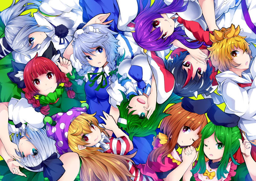 6+girls :3 :o :q ;) ;d absurdres american_flag_dress animal_ear_fluff animal_ears arm_up bangs black_bow black_hair black_hairband black_hat black_ribbon blonde_hair blouse blue_dress blue_eyes blue_neckwear blue_skirt bob_cut bow braid breasts brown_hair cat_ears clownpiece collarbone commentary_request covering_mouth dress eyebrows_visible_through_hair frog_hair_ornament green_background green_bow green_dress green_eyes green_hair green_ribbon green_vest hair_between_eyes hair_bow hair_ornament hair_ribbon hair_tubes hairband hand_holding hands_up hat head_tilt highres horns huge_filesize ishimu izayoi_sakuya jester_cap kaenbyou_rin kijin_seija kochiya_sanae konpaku_youmu large_breasts long_hair long_sleeves looking_at_viewer maid maid_headdress medium_breasts mononobe_no_futo multicolored_hair multiple_girls neck_ribbon neck_ruff necktie nishida_satono one_eye_closed open_mouth parted_lips pink_dress pink_eyes polka_dot_hat pom_pom_(clothes) ponytail profile puffy_short_sleeves puffy_sleeves purple_hair purple_hat purple_sash rabbit_ears red_dress red_eyes red_neckwear red_sailor_collar redhead reisen_udongein_inaba ribbon sailor_collar shirt short_hair short_hair_with_long_locks short_sleeves silver_hair simple_background single_sidelock skirt smile snake_hair_ornament streaked_hair striped striped_dress teireida_mai tongue tongue_out toramaru_shou touhou twin_braids twintails upper_body upside-down vest white_blouse white_dress white_hair white_shirt wide_sleeves wing_collar yellow_bow yellow_eyes