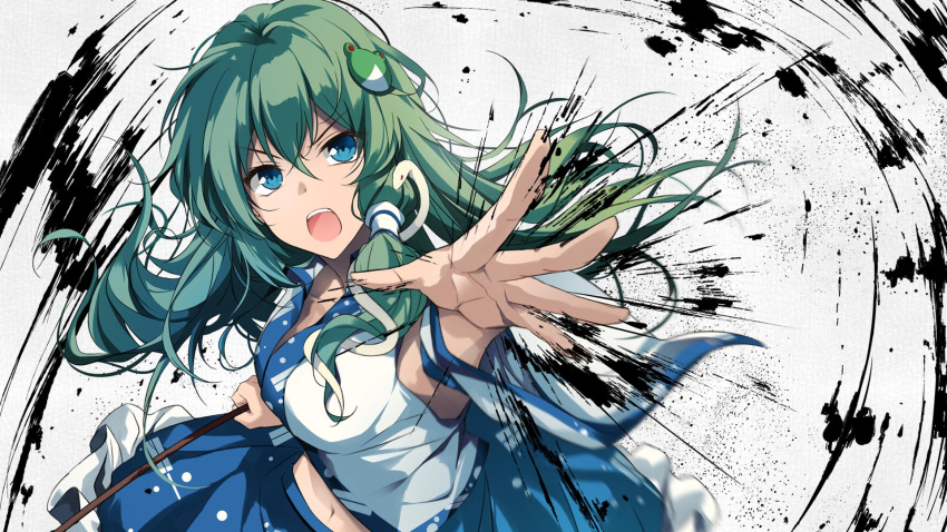 1girl album_cover blue_eyes blue_skirt breasts cover d: detached_sleeves eyebrows_visible_through_hair floating_hair foreshortening frog_hair_ornament green_hair hair_ornament hair_tubes hand_up highres hirai_yuzuki holding kochiya_sanae long_hair looking_at_viewer navel nontraditional_miko open_mouth outstretched_arm outstretched_hand serious shirt skirt snake_hair_ornament solo touhou upper_body v-shaped_eyebrows white_shirt