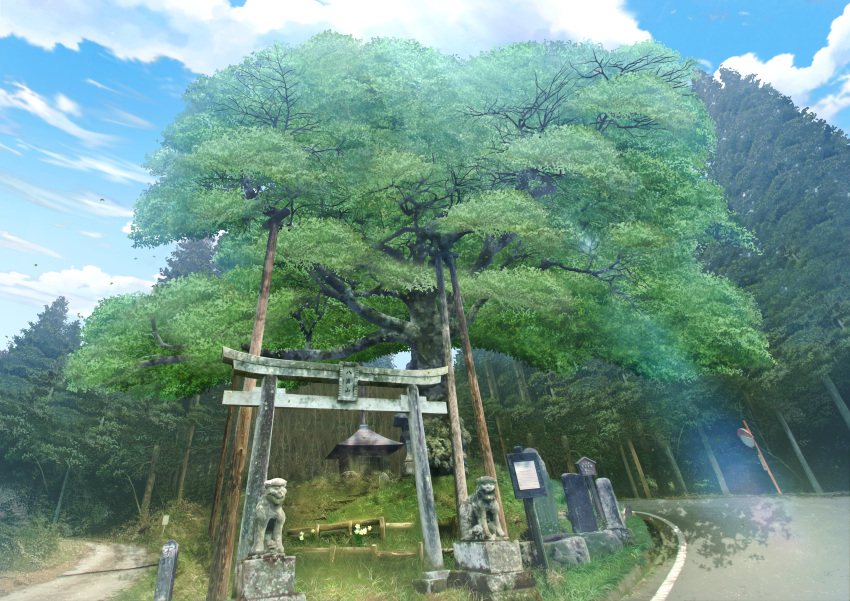 absurdres blue_sky branch clouds cloudy_sky commentary_request day falling_leaves fence forest grass highres huge_filesize leaf mahiro_(mahiroht) nature no_humans original outdoors path plant road road_sign scenery shrine sign sky stairs statue torii tree wind